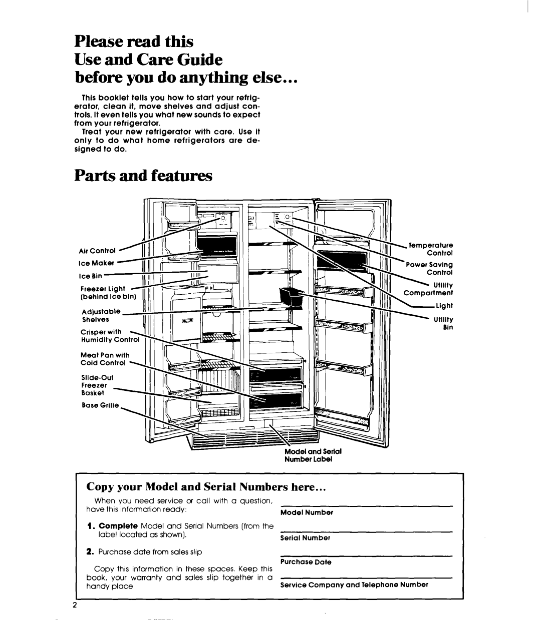 Whirlpool ED25SMIII manual Before you do anything else, Parts and features, Copy your Model and Serial Numbers here 