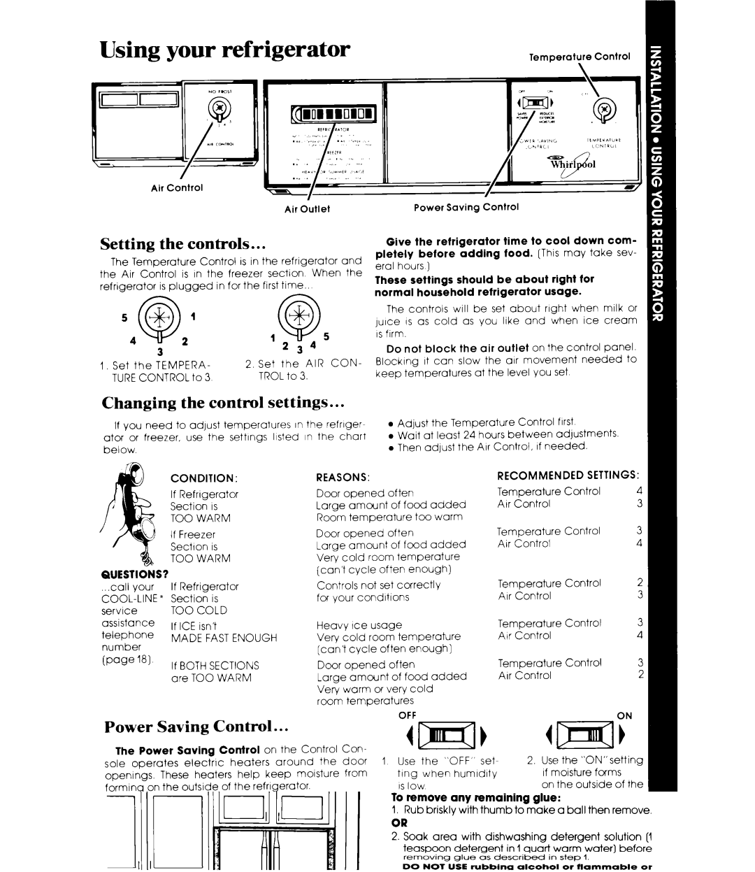 Whirlpool ED25SMIII Using your refrigerator, Setting the controls, Changing the control settings, Power Saving Control 