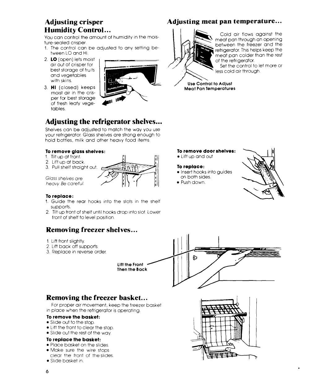 Whirlpool ED25SMIII Adjusting crisper Humidity Control, Adjusting meat pan temperature, Adjusting the refrigerator shelves 