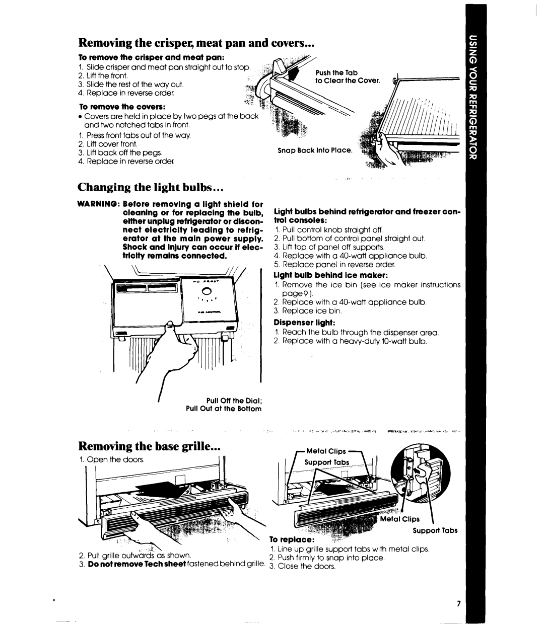 Whirlpool ED25SMIII manual Removing the crispeq meat pan and covers, Changing the light bulbs 