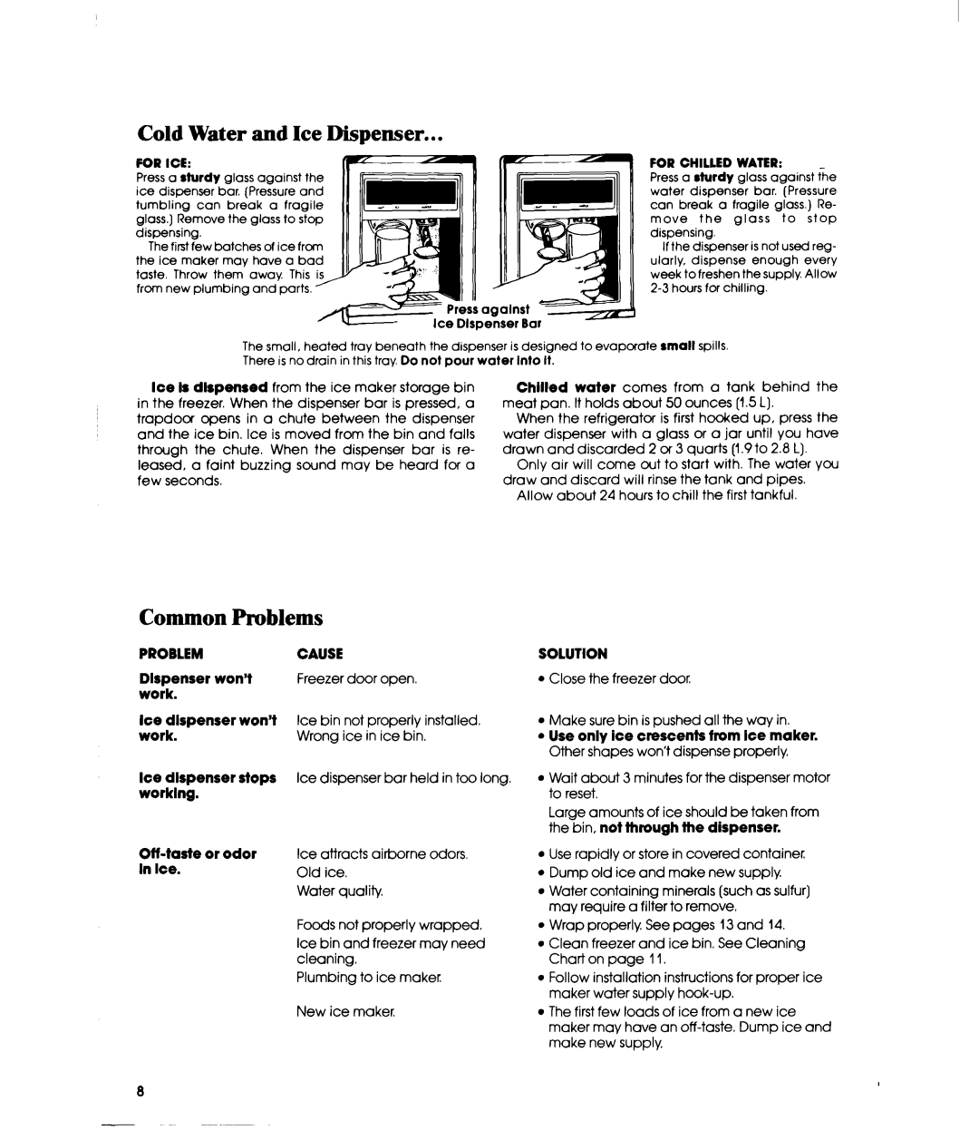 Whirlpool ED25SMIII manual Cold Water and Ice Dispenser, Common Problems, Forice, Forchilledwater, Problem Cause 