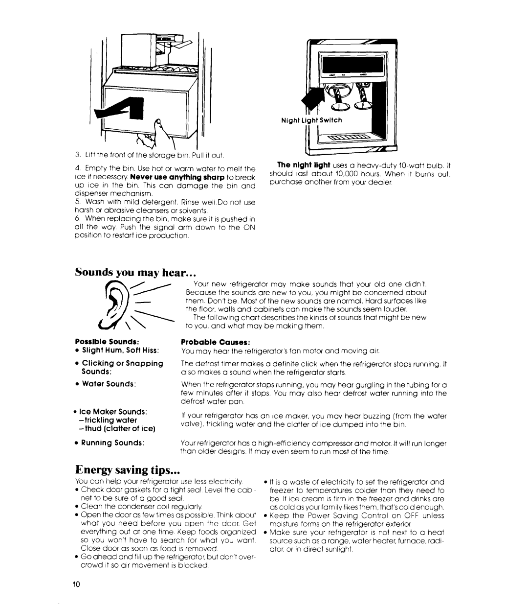 Whirlpool ED25SMIII manual Sounds you may hear, Energy saving tips, Possible Sounds, Probable Causes 