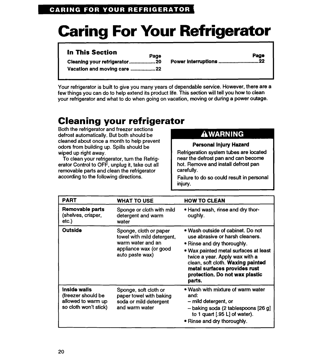 Whirlpool ED25YQ warranty Caring For Your Refrigerator, Cleaning your refrigerator, Part, What to USE, HOW to Clean 