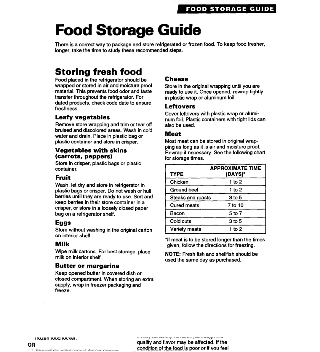 Whirlpool ED25YQ warranty Food Storage Guide, Storing fresh food 