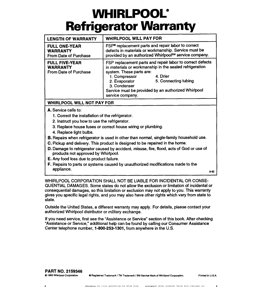 Whirlpool ED25YQ warranty Whirlpool, Refrigerator Warranty 