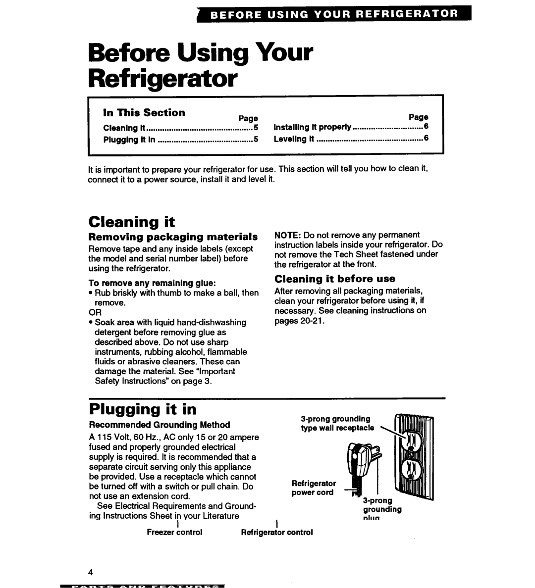 Whirlpool ED25YQ warranty Before Using Your Refrigerator, Cleaning it, Plugging it 