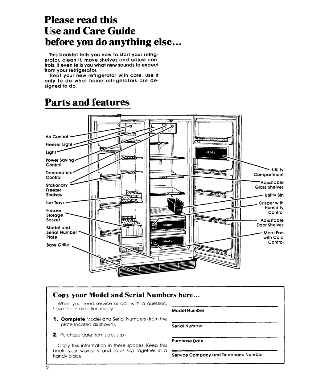 Whirlpool ED26MK manual Before you do anything else, Parts and features, Copy your Model and Serial Numbers here 