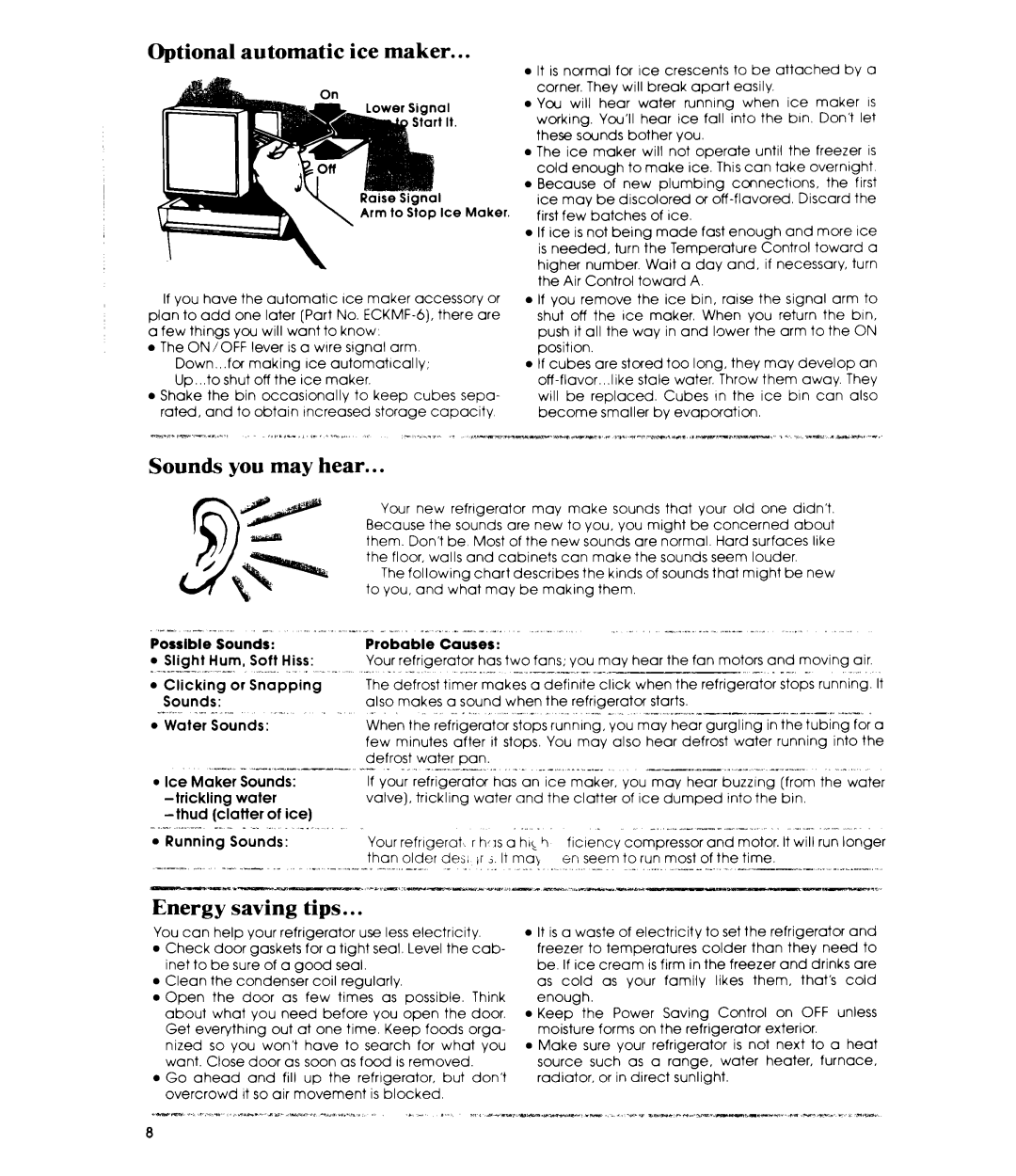 Whirlpool ED26MK manual Optional automatic ice maker, Sounds you may hear, Energy Saving Tips 