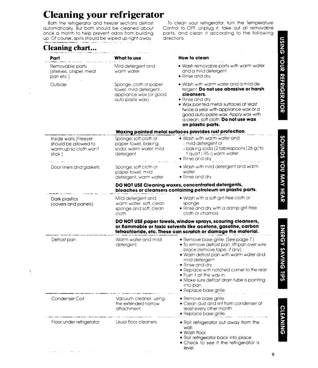 Whirlpool ED26MK manual Cleaning your refrigerator, Cleaning chart ~..,,.--~ 