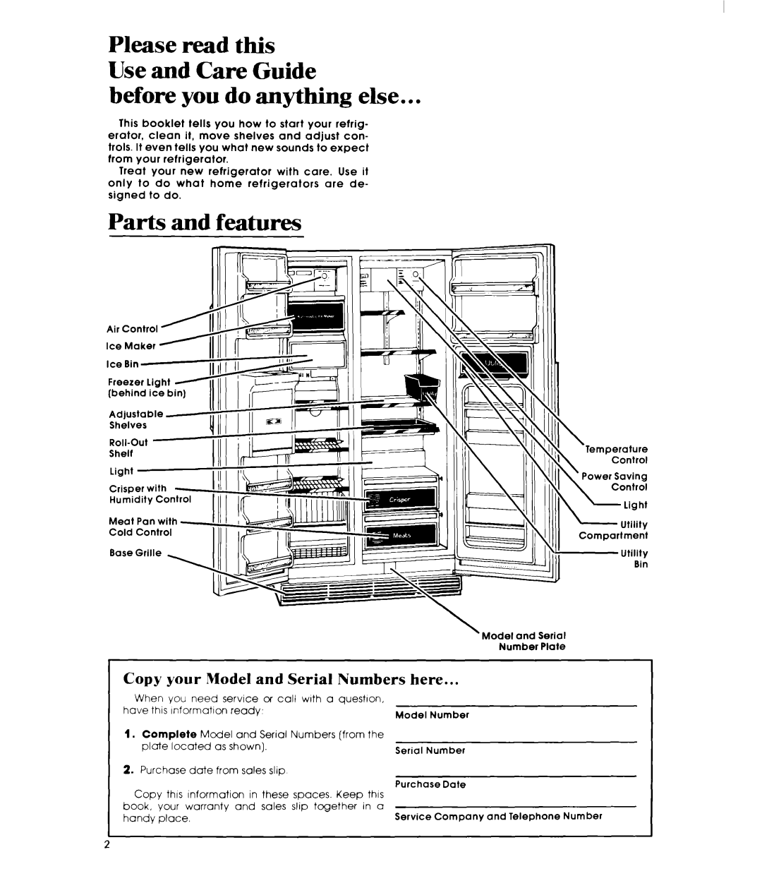 Whirlpool ED26MM manual Before you do anything else, Parts and features, Copy your Model and Serial Numbers here 