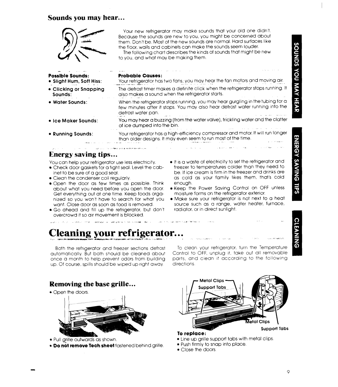 Whirlpool ED26MM manual Sounds you may hear, Energy saving tips, Removing the base grille 