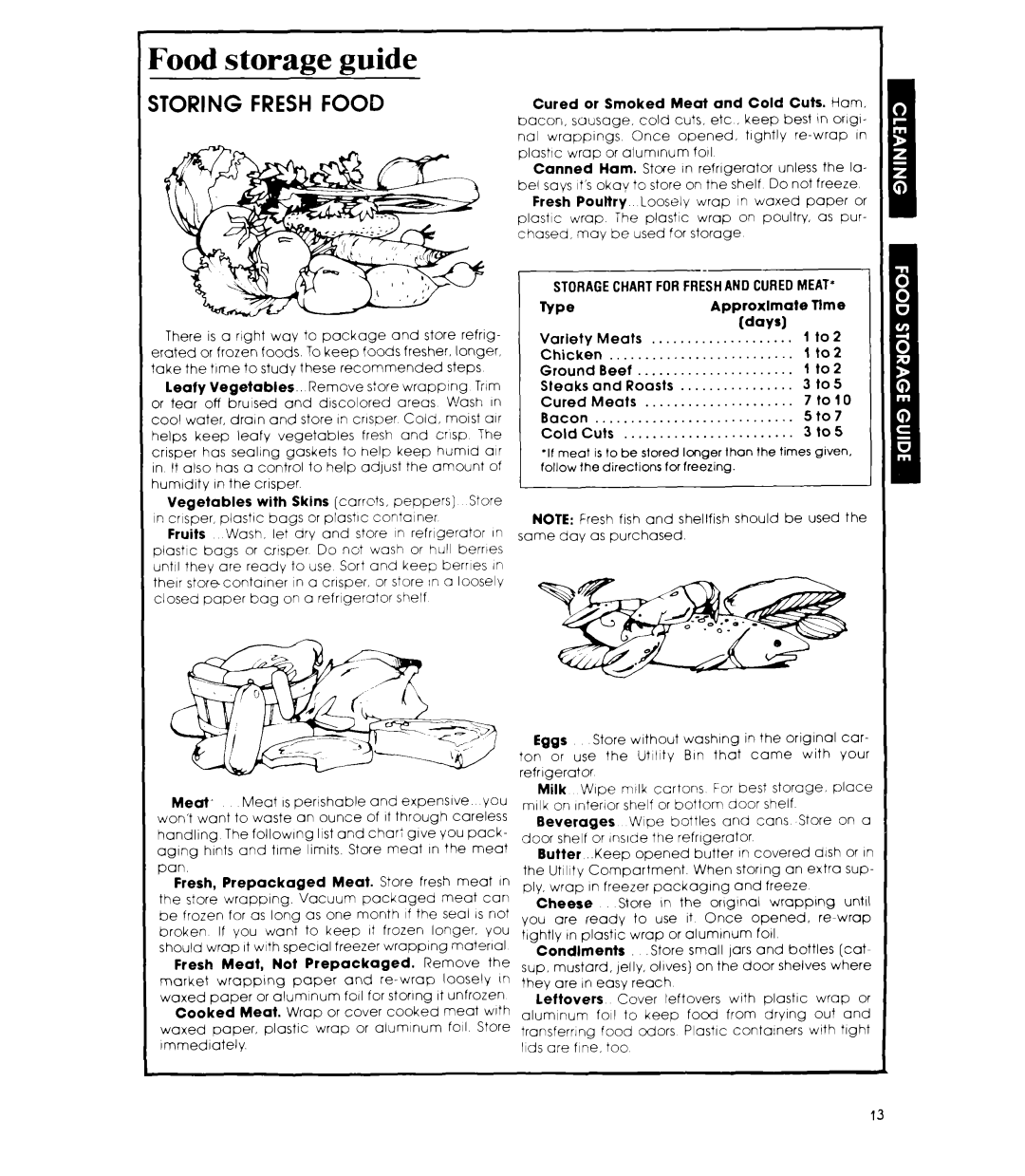 Whirlpool ED26SS manual Food storage guide, Storagechartforfreshand Curedmeat 