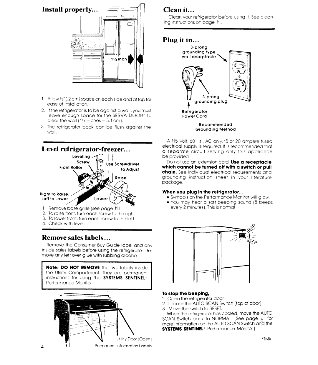 Whirlpool ED26SS manual Install properly.. . ,iT=TfI-l, Level refrigerator-freezer, Clean it, Plug it, Remove sales labels 