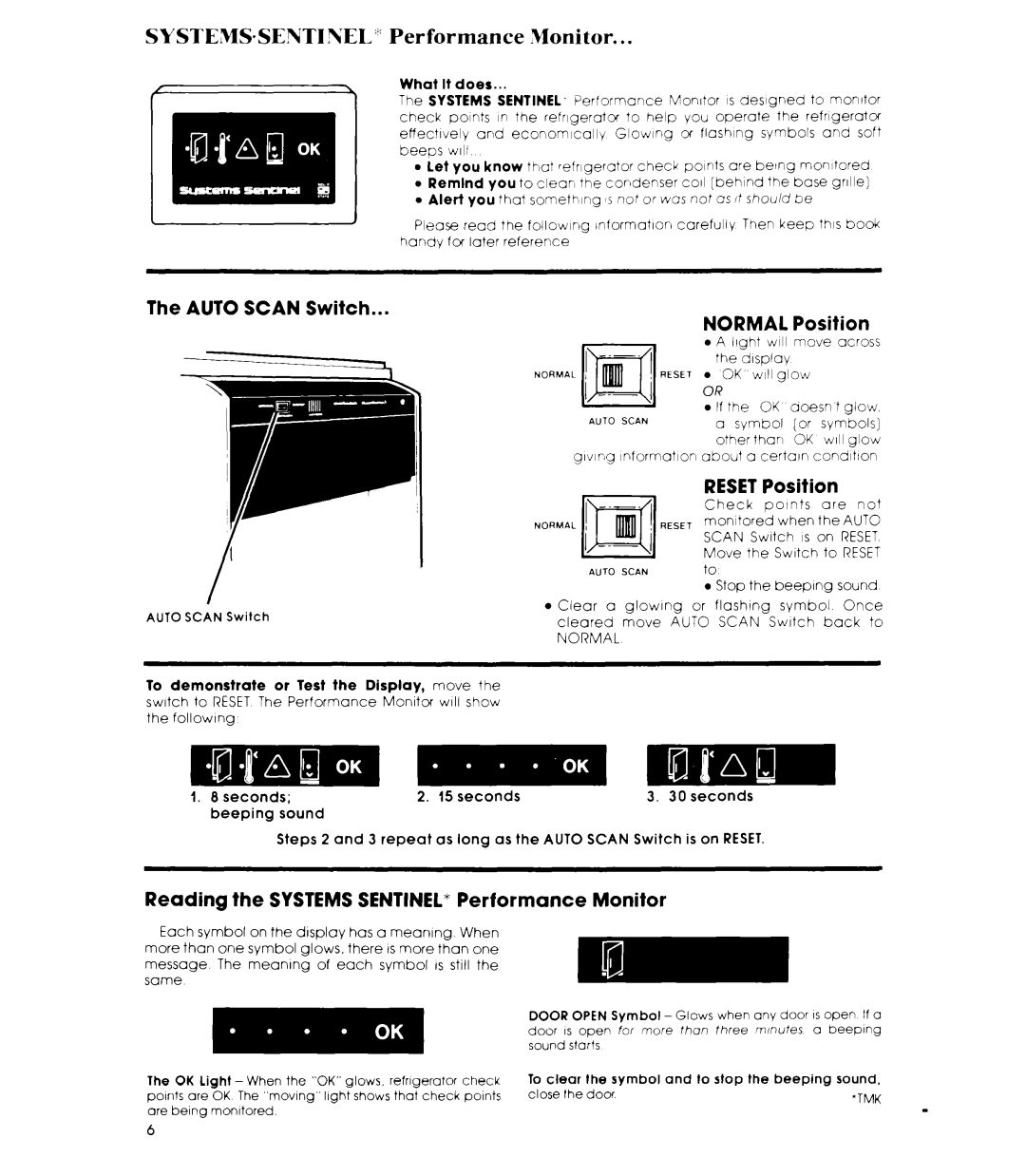 Whirlpool ED26SS SYSTEMS-SENTINEL Performance Monitor, What It does, Let, Remlnd, To demonstrate or Test the Display, move 