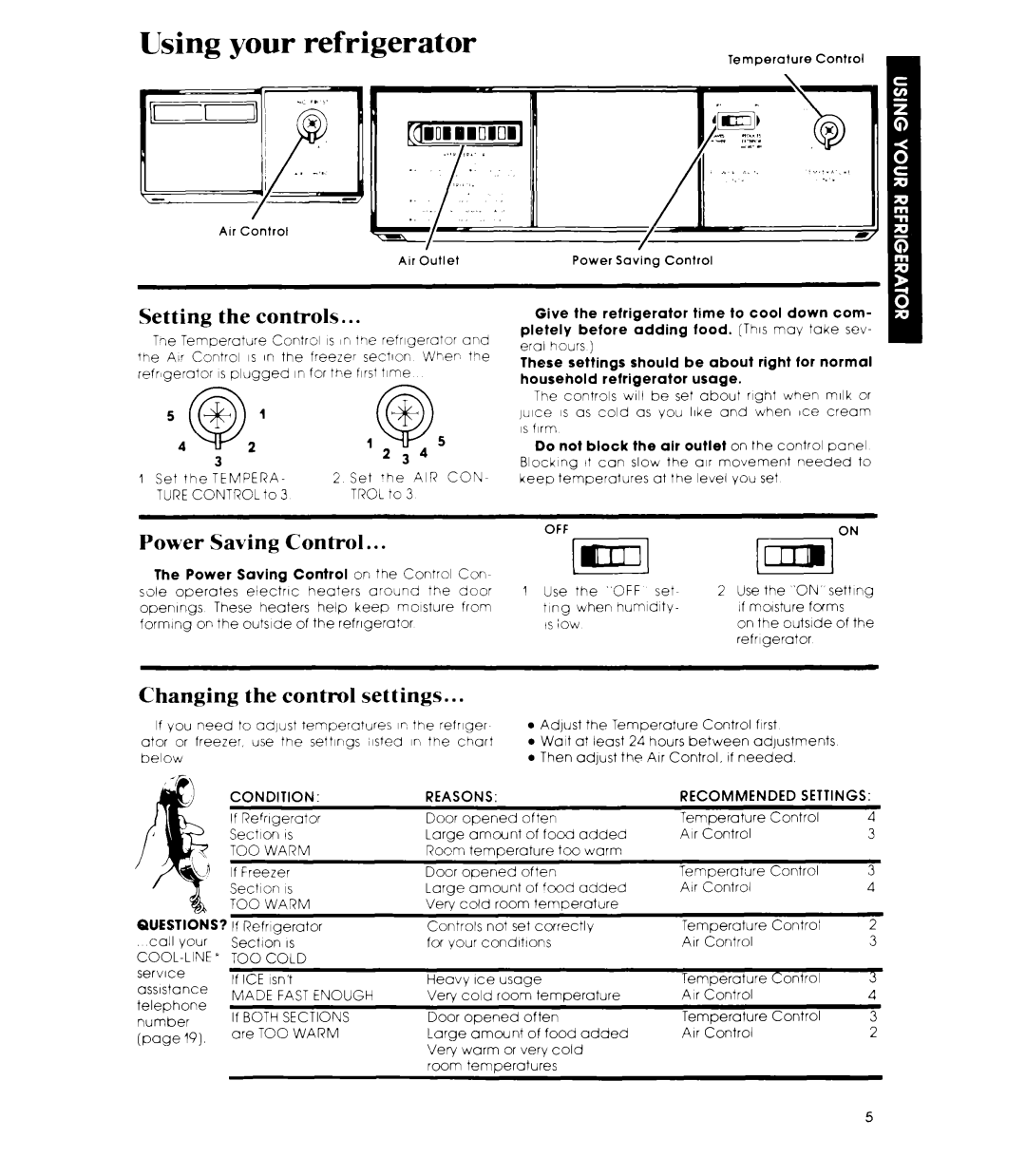Whirlpool ED26SS manual Using your refrigerator, Setting, controls, Power Saving Control, Changing the control settings 