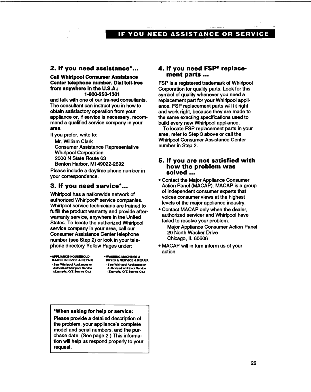 Whirlpool ED25DQ, ED27DQ, ED22DQ, ED22HD If you need assistance, If you need service, If you need FSP replace- ment parts 