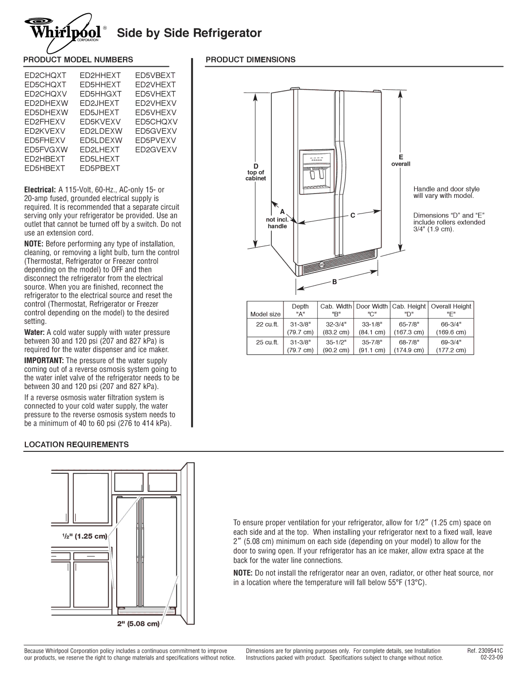 Whirlpool ED2LDEXW dimensions Side by Side Refrigerator, Product Model Numbers Product Dimensions, Location Requirements 