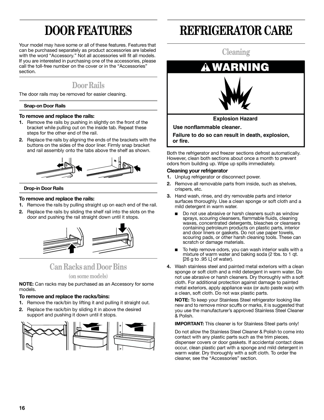 Whirlpool ED5FHEXLT00, ED2FHEXLQ00 manual Door Features, Refrigerator Care, Door Rails, Can Racks and Door Bins, Cleaning 