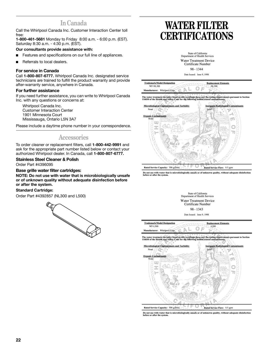 Whirlpool ED5NTGXLT00, ED2FHEXLQ00, ED2FHEXLT01, ED2FHEXLB01, ED2FHEXLT00 Water Filter Certifications, Canada, Accessories 