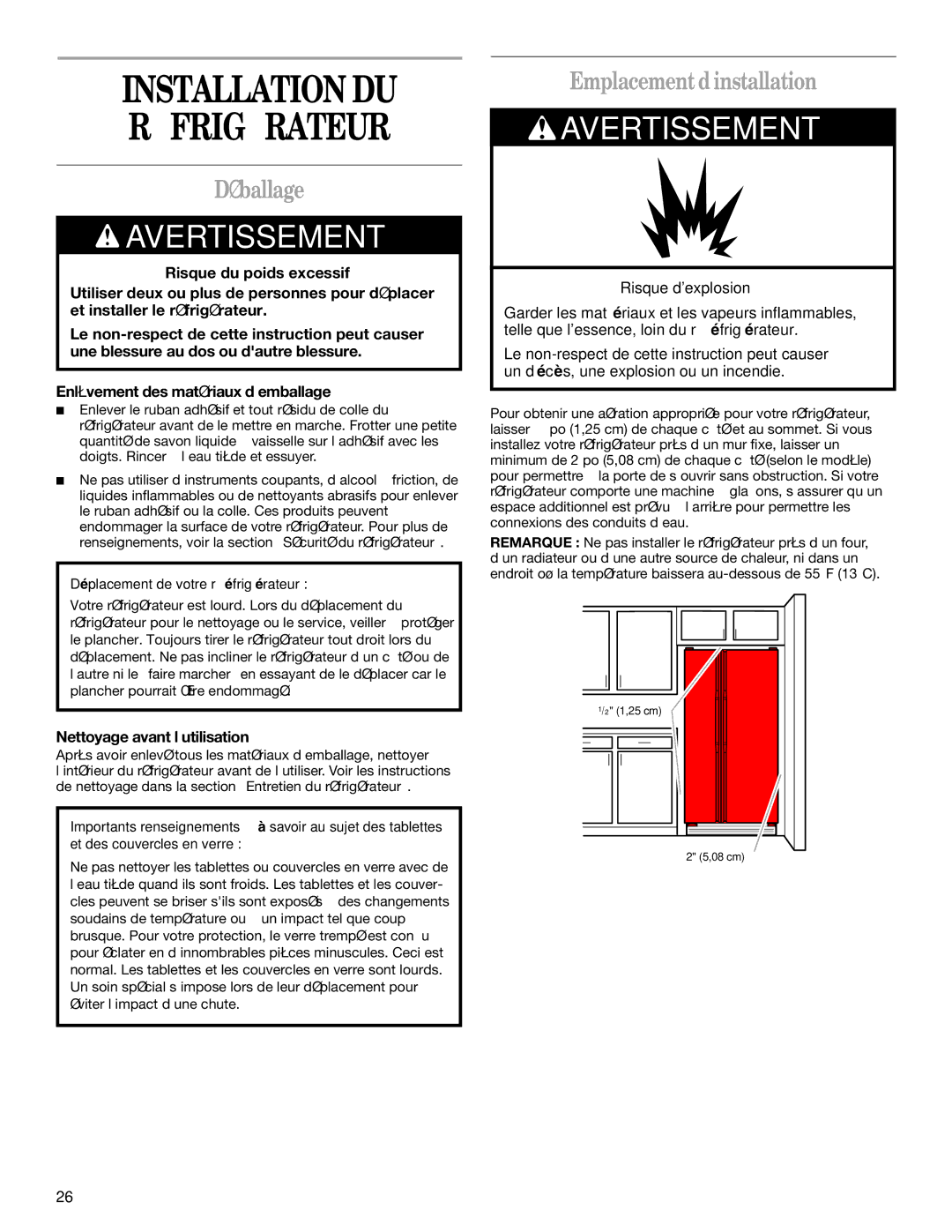 Whirlpool ED7FHGXKT00 Installation DU Réfrigérateur, Déballage, Emplacement d’installation, Nettoyage avant l’utilisation 