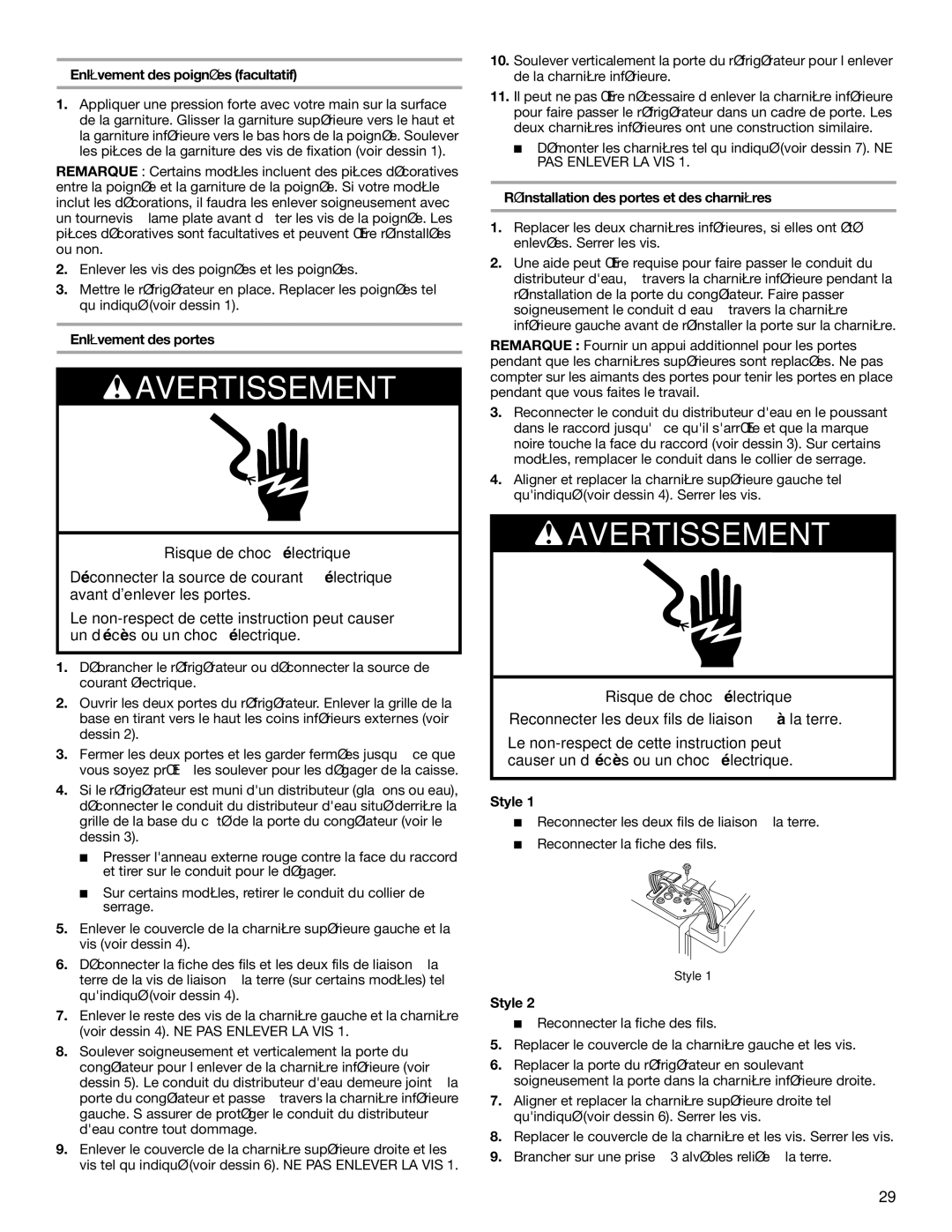 Whirlpool ED5YHGXLT01, ED2FHEXLQ00, ED2FHEXLT01, ED2FHEXLB01 manual Enlèvement des poignées facultatif, Enlèvement des portes 