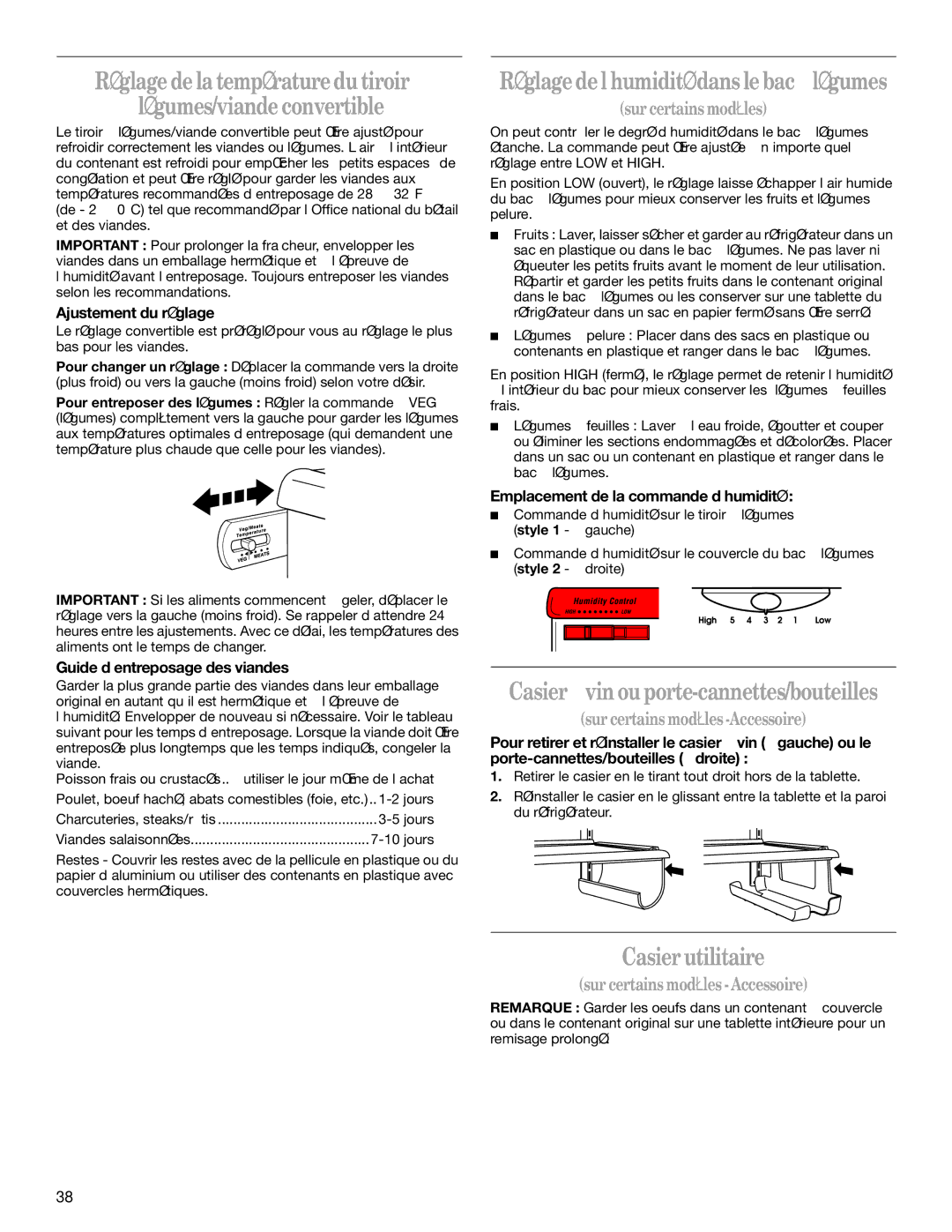 Whirlpool GT1SHTXMB01 manual Casier à vin ou porte-cannettes/bouteilles, Casier utilitaire, Sur certains modèles Accessoire 