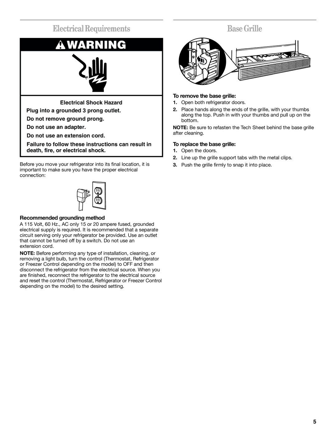 Whirlpool ED2CHGXKT00 manual Electrical Requirements, Base Grille, Recommended grounding method, To remove the base grille 