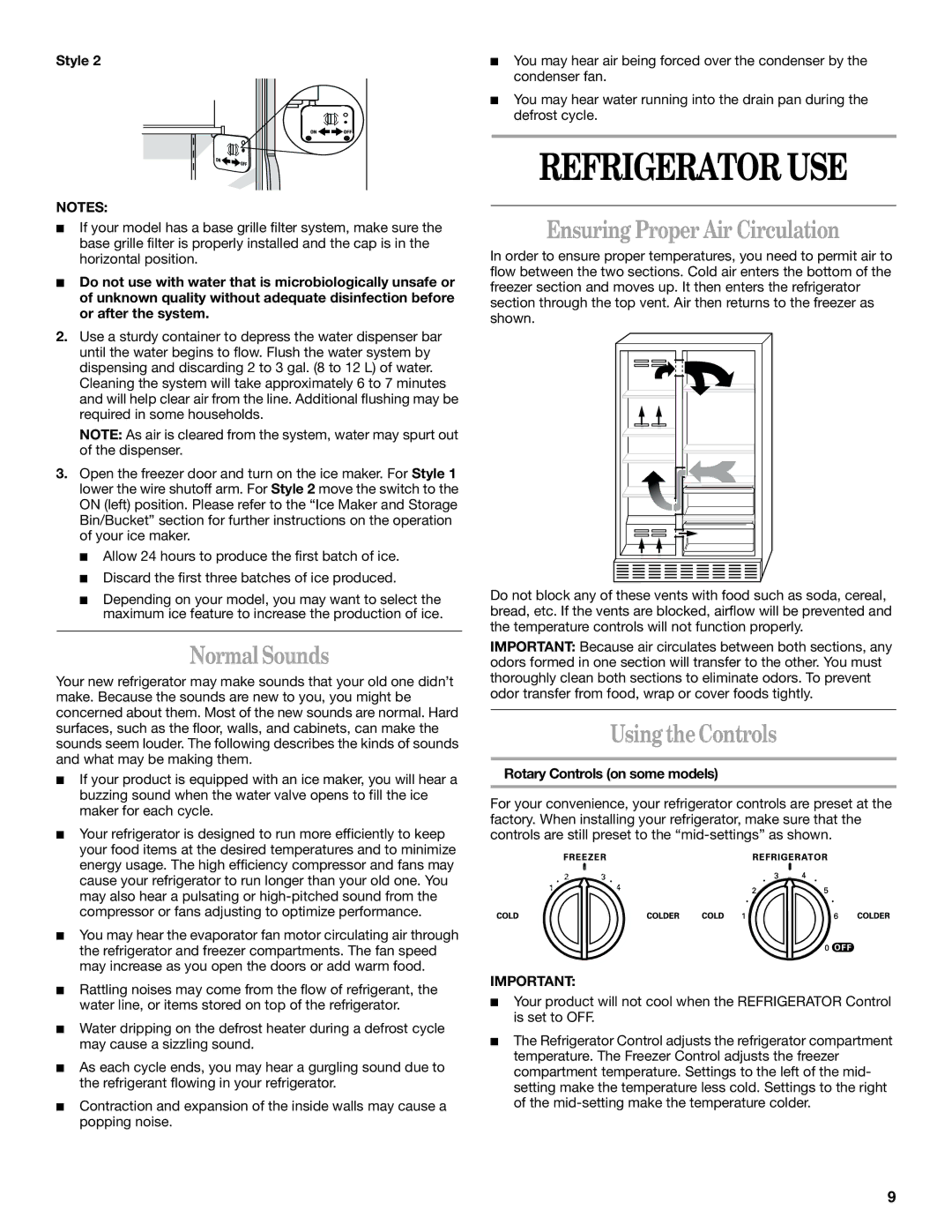 Whirlpool ED2NTGXLT02, ED2FHEXLQ00 Refrigerator USE, Normal Sounds, Ensuring Proper Air Circulation, Using the Controls 