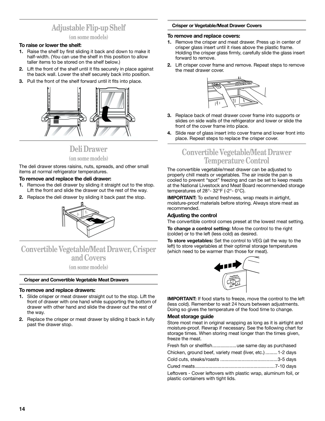 Whirlpool ED2YHGXLQ01 manual Adjustable Flip-up Shelf, Deli Drawer, and Covers, Convertible Vegetable/Meat Drawer, Crisper 