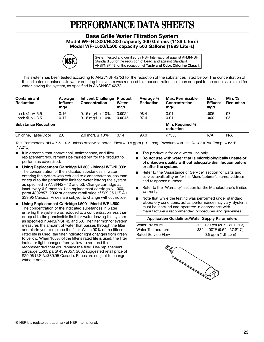 Whirlpool ED5NTGXLQ00 Performance Data Sheets, Base Grille Water Filtration System, Contaminant, Average, Product, Min. % 