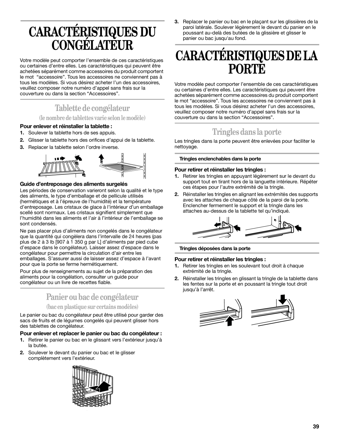 Whirlpool GT1SHTXMB02 manual Congélateur, Porte, Caractéristiques Du, Caractéristiques De La, Tablette de congélateur 