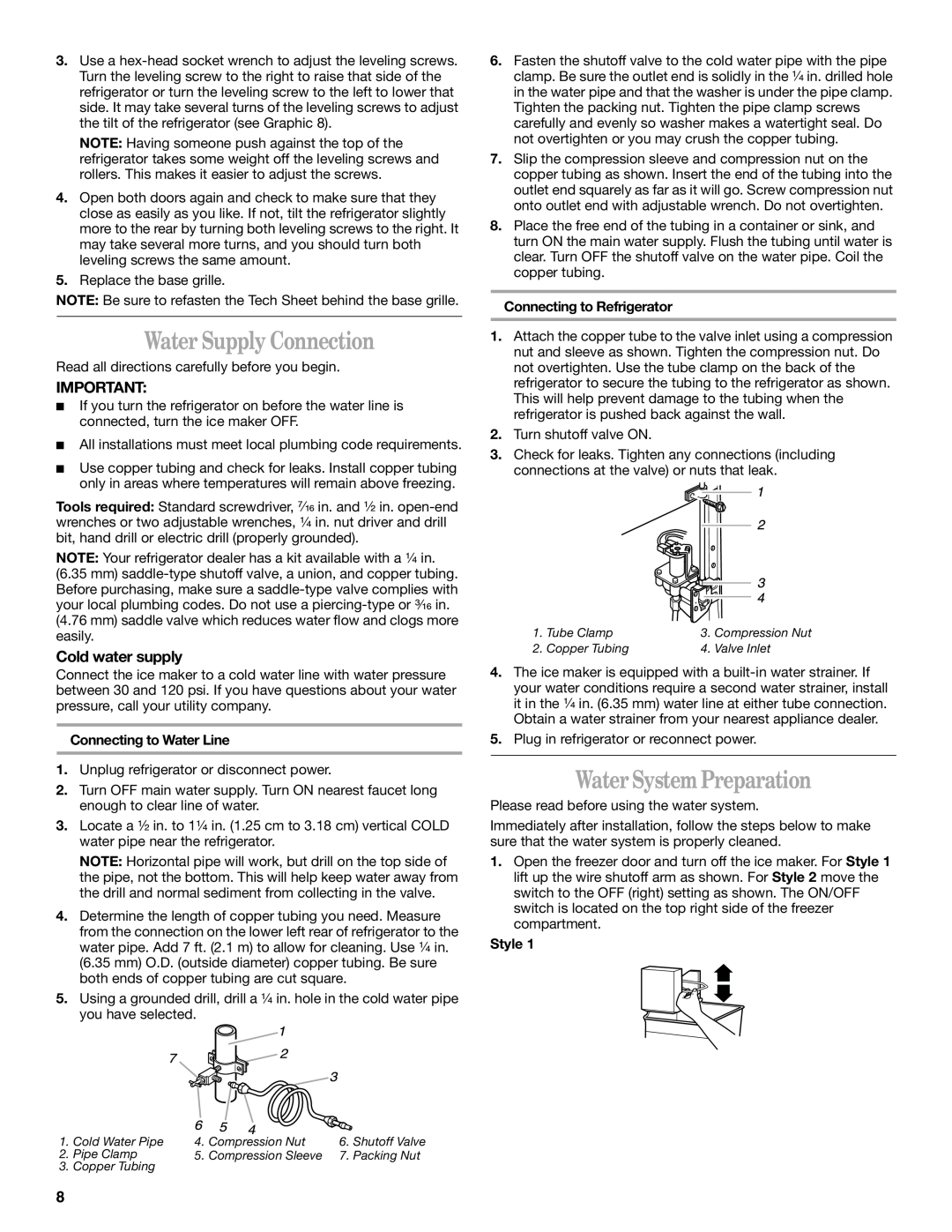 Whirlpool ED2NTGXLQ02 manual Water Supply Connection, Water System Preparation, Cold water supply, Connecting to Water Line 