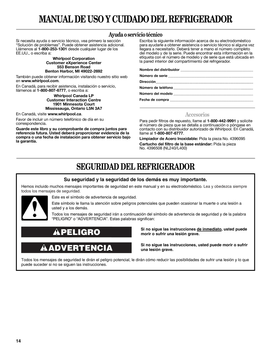 Whirlpool ED2GHEXNL00, ED2FHEXNQ01, ED2FHEXNQ00, ED2FHEXMT00, ED2FHEXNL01, ED2FHEXMQ00 Seguridad DEL Refrigerador, Accesorios 