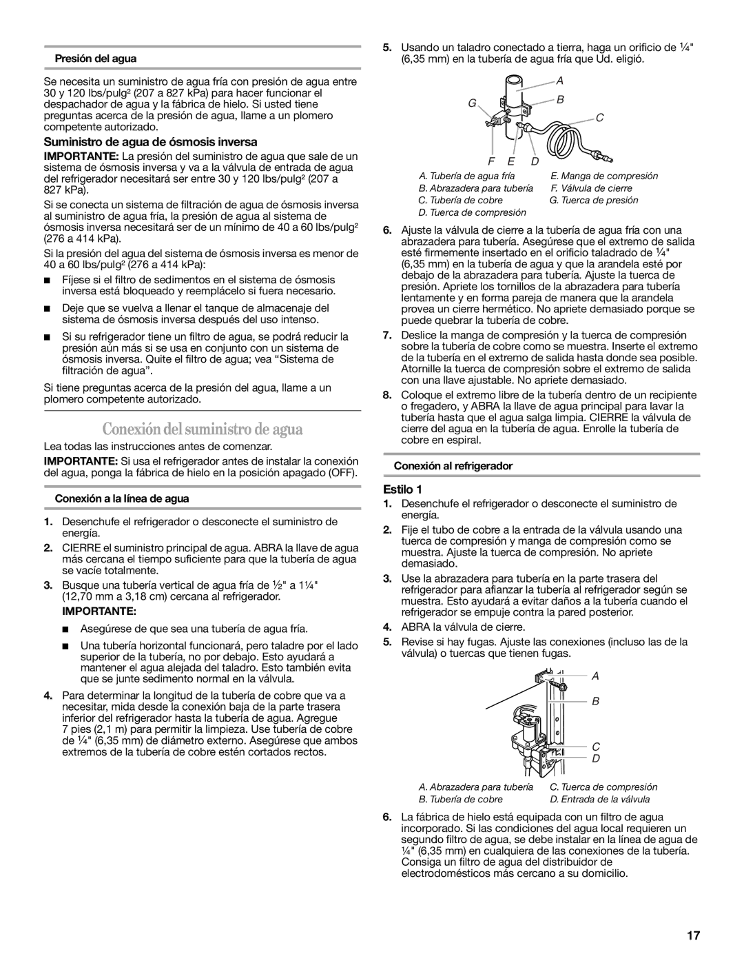 Whirlpool ED2GHEXNQ01, ED2FHEXNQ01 warranty Conexión del suministro de agua, Suministro de agua de ósmosis inversa, Estilo 