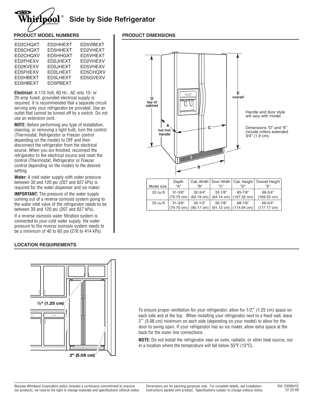 Whirlpool ED2CHQXV, ED2FHEXV dimensions Side by Side Refrigerator, Product Model Numbers, Product Dimensions, Setting 