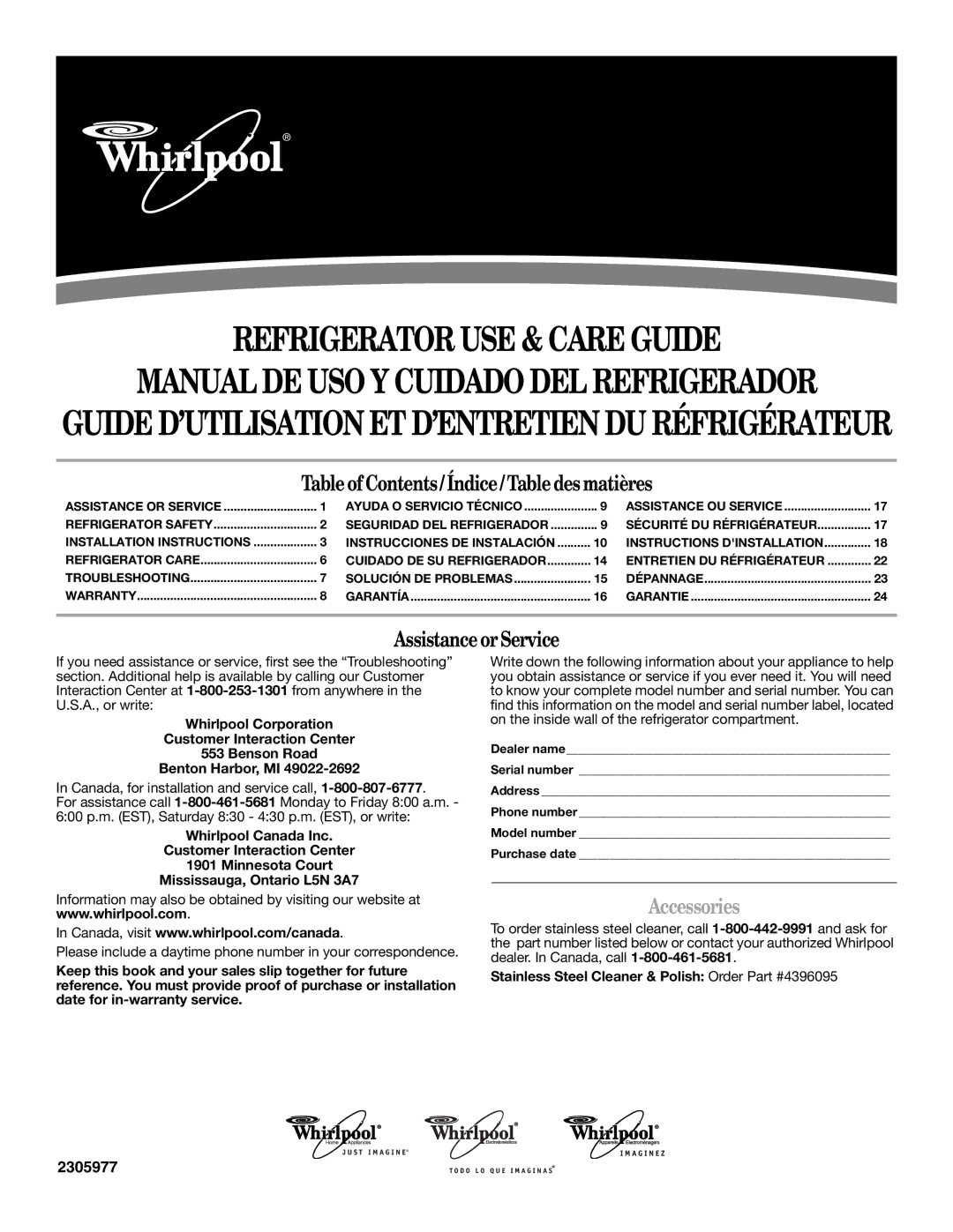 Whirlpool ED2GTKXNQ00 warranty Refrigerator USE & Care Guide, Accessories 