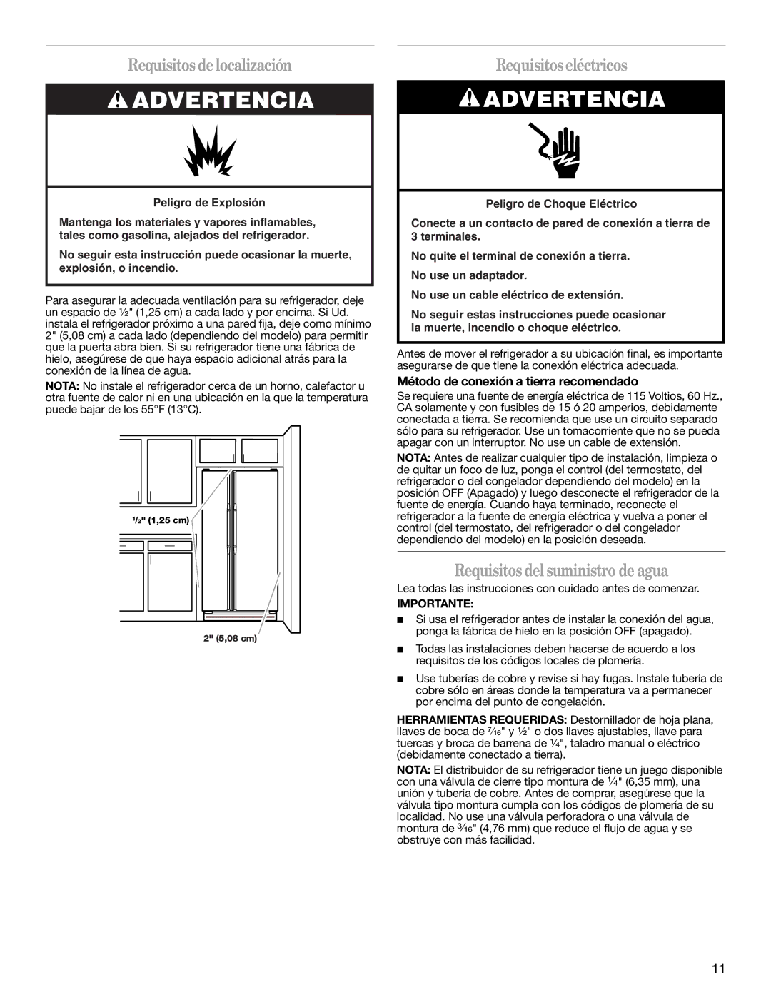 Whirlpool ED2GTKXNQ00 warranty Requisitos delocalización, Requisitoseléctricos, Requisitosdelsuministro de agua, Importante 