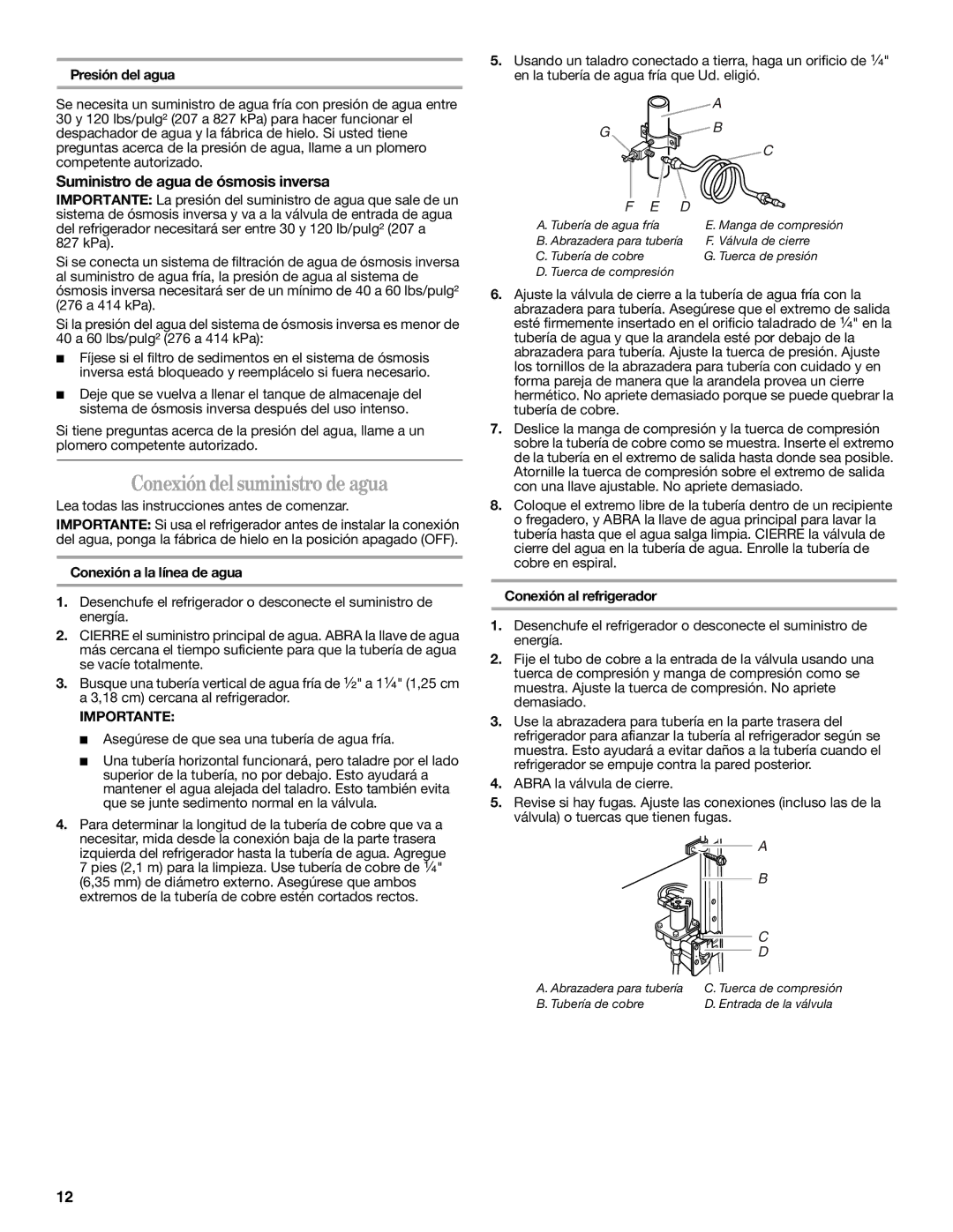 Whirlpool ED2GTKXNQ00 warranty Conexióndelsuministro de agua, Suministro de agua de ósmosis inversa, Presión del agua 