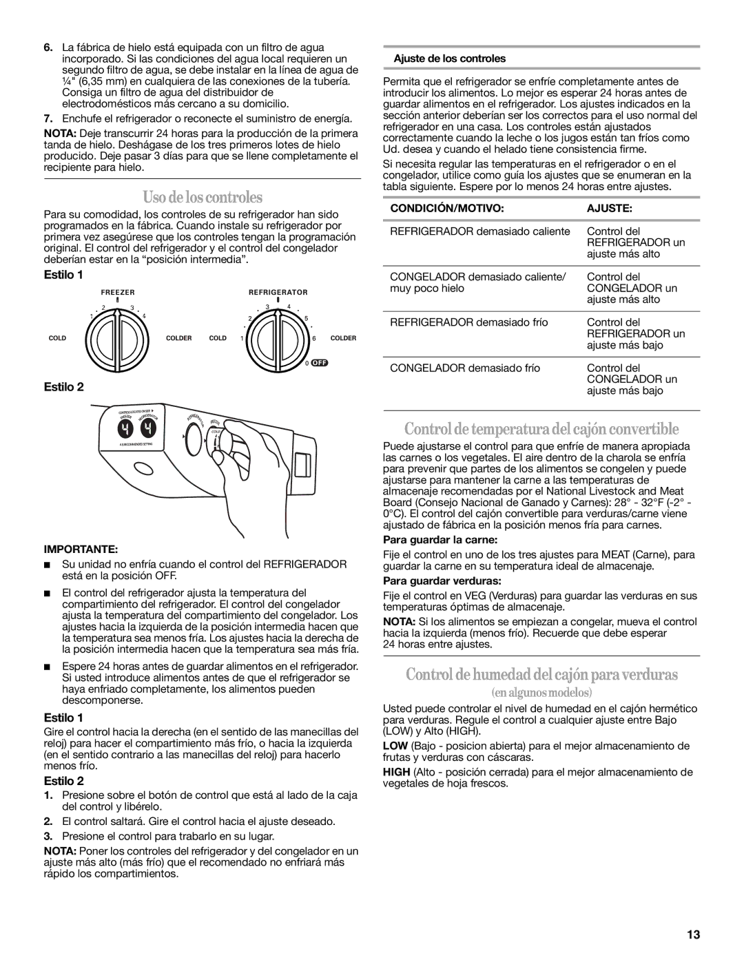 Whirlpool ED2GTKXNQ00 Uso delos controles, Controldetemperaturadelcajón convertible, Estilo, CONDICIÓN/MOTIVO Ajuste 