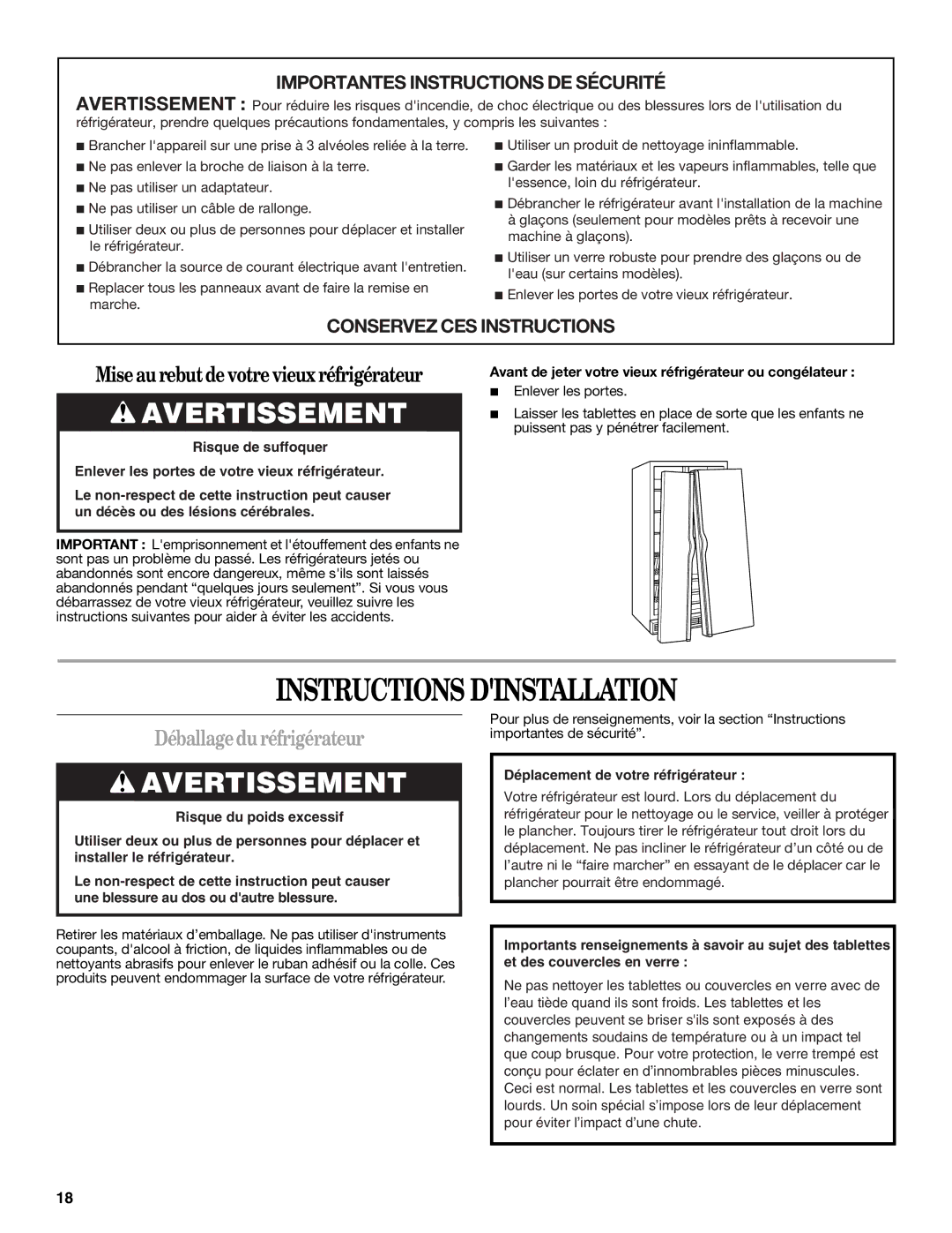 Whirlpool ED2GTKXNQ00 warranty Instructions Dinstallation, Déballagedu réfrigérateur, Enlever les portes 