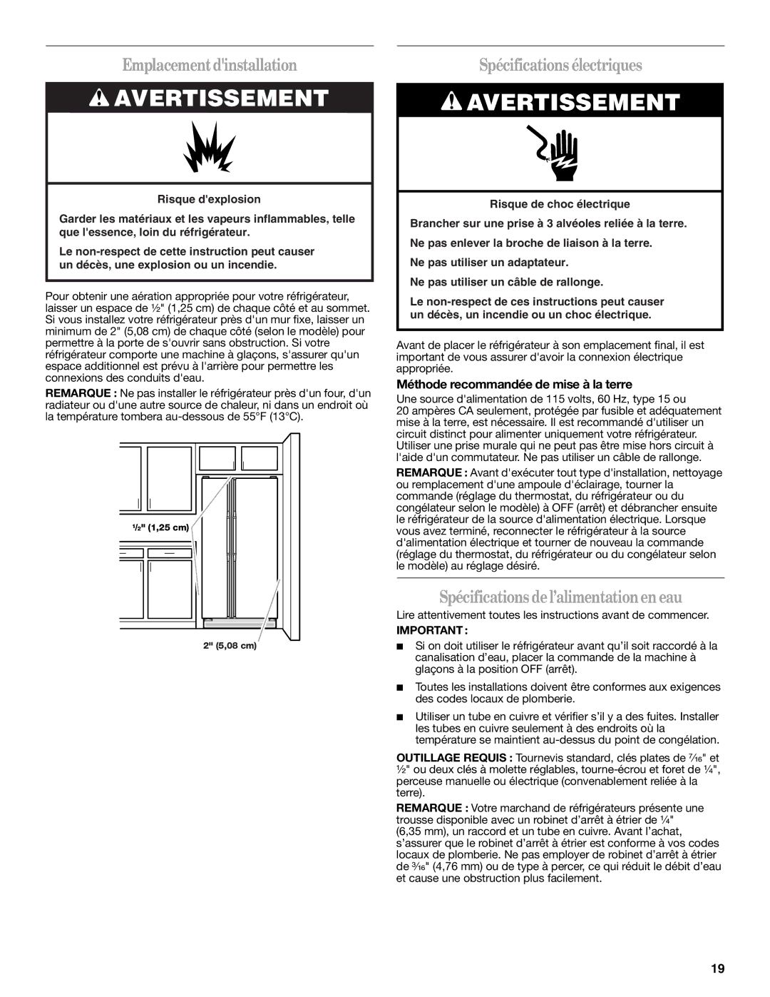 Whirlpool ED2GTKXNQ00 warranty Emplacementdinstallation, Spécifications électriques, Spécifications del’alimentationen eau 