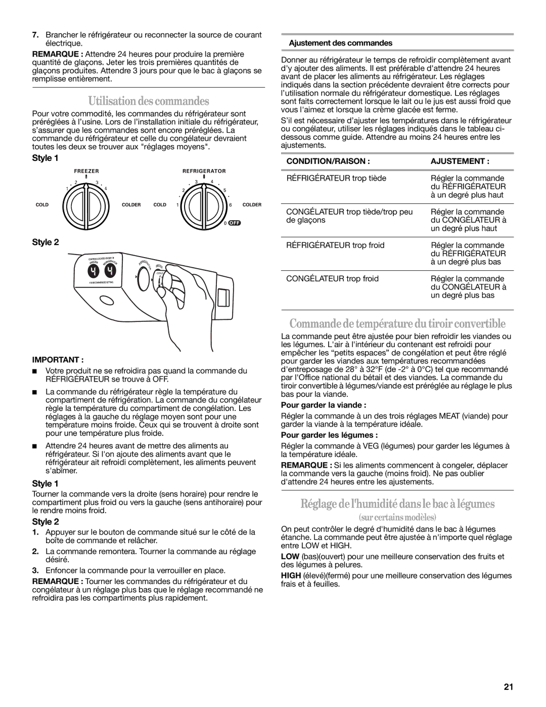 Whirlpool ED2GTKXNQ00 Utilisationdes commandes, Commandedetempératuredutiroirconvertible, CONDITION/RAISON Ajustement 