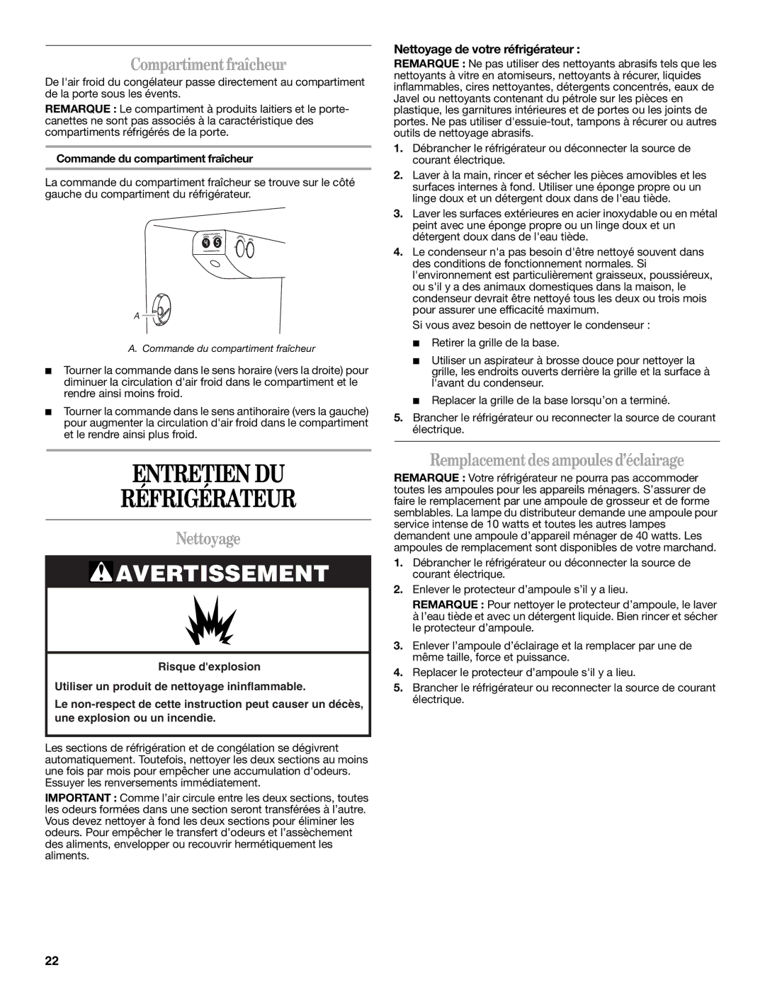 Whirlpool ED2GTKXNQ00 Entretien DU Réfrigérateur, Compartimentfraîcheur, Nettoyage, Remplacementdes ampoules d’éclairage 