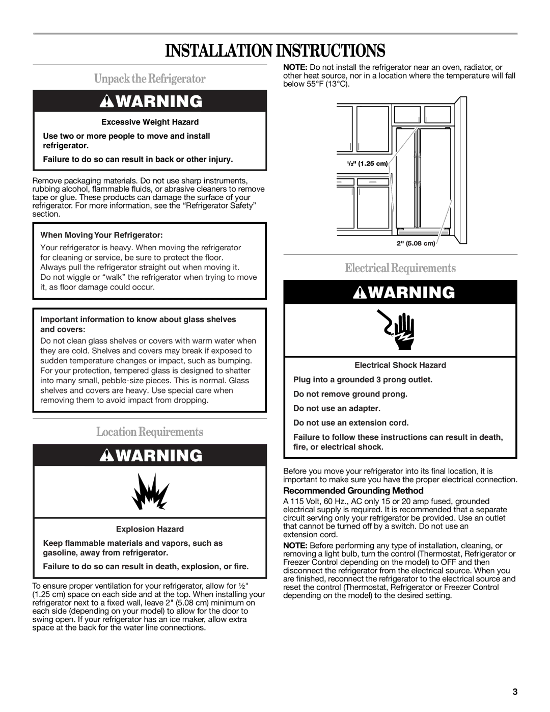 Whirlpool ED2GTKXNQ00 Installation Instructions, UnpacktheRefrigerator, LocationRequirements, Electrical Requirements 