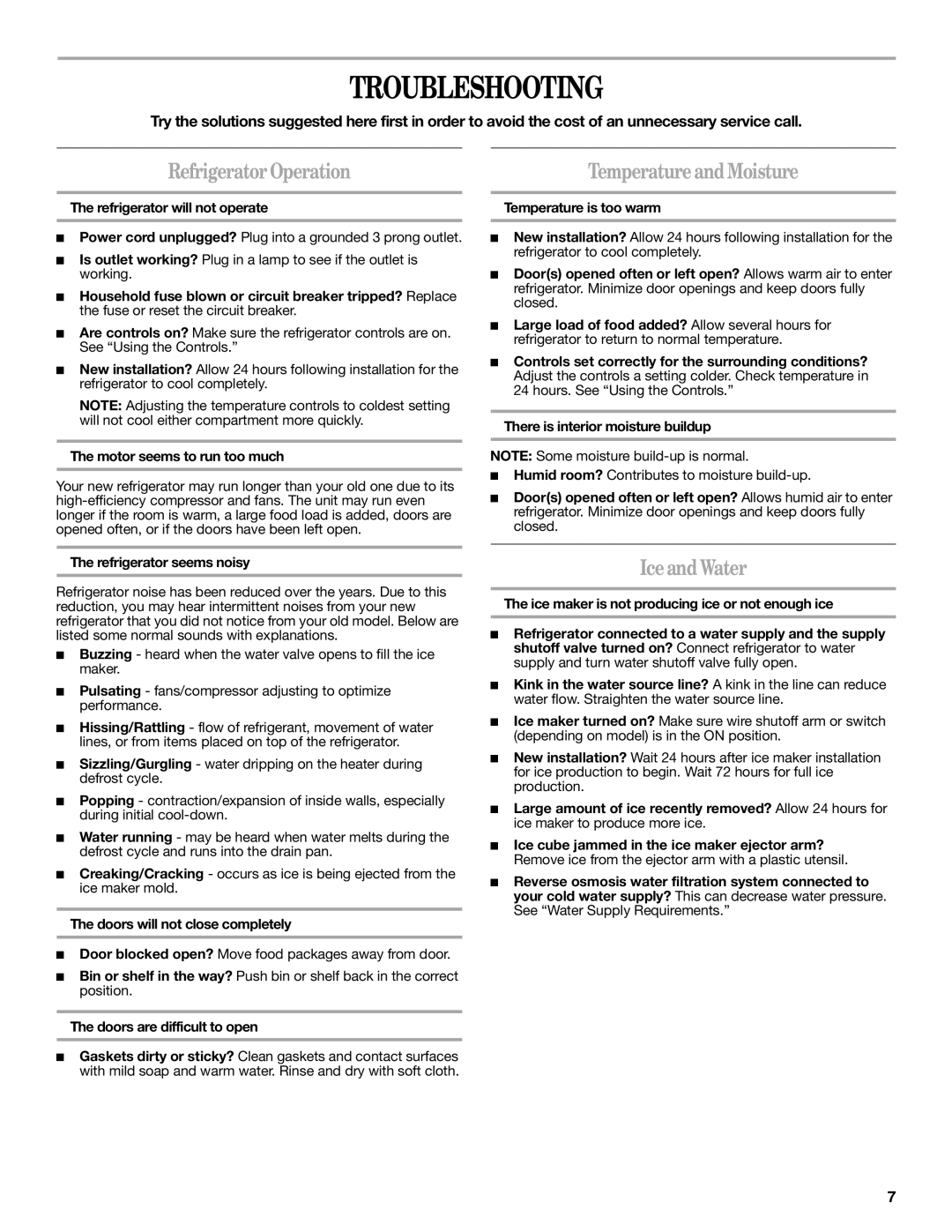 Whirlpool ED2GTKXNQ00 warranty Troubleshooting, RefrigeratorOperation, TemperatureandMoisture, IceandWater 