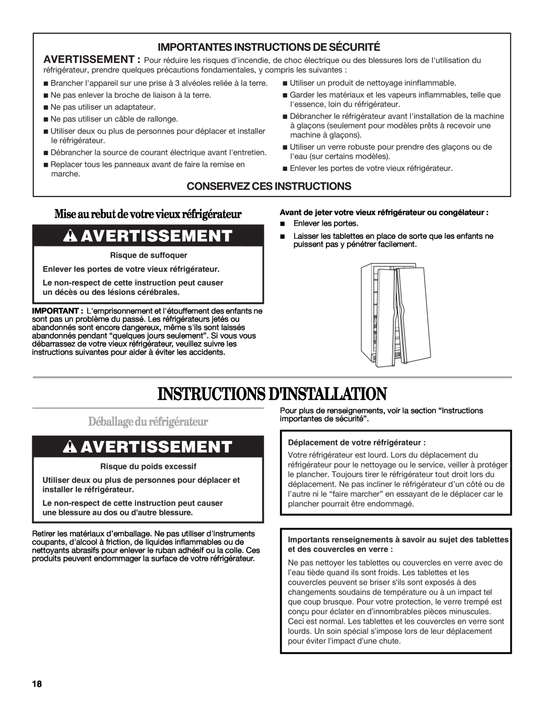 Whirlpool ED2GTKXNQ00 warranty Instructions Dinstallation, Avertissement, Miseau rebutdevotrevieuxréfrigérateur 