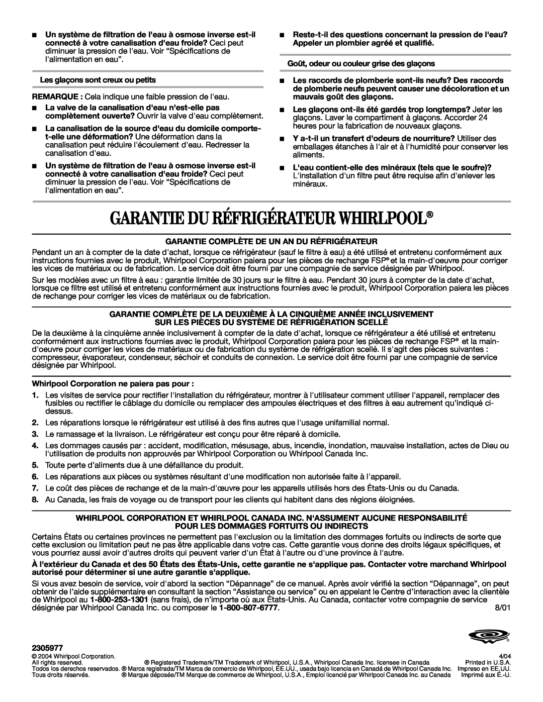Whirlpool ED2GTKXNQ00 warranty Garantie Du Réfrigérateur Whirlpool 