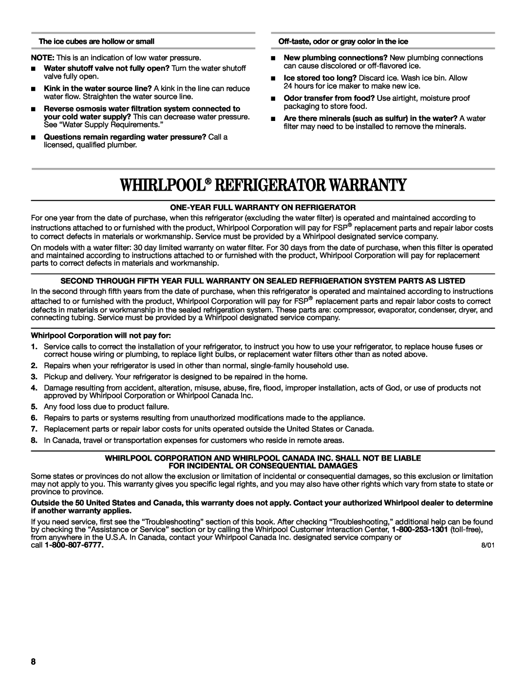 Whirlpool ED2GTKXNQ00 warranty Whirlpool Refrigerator Warranty 