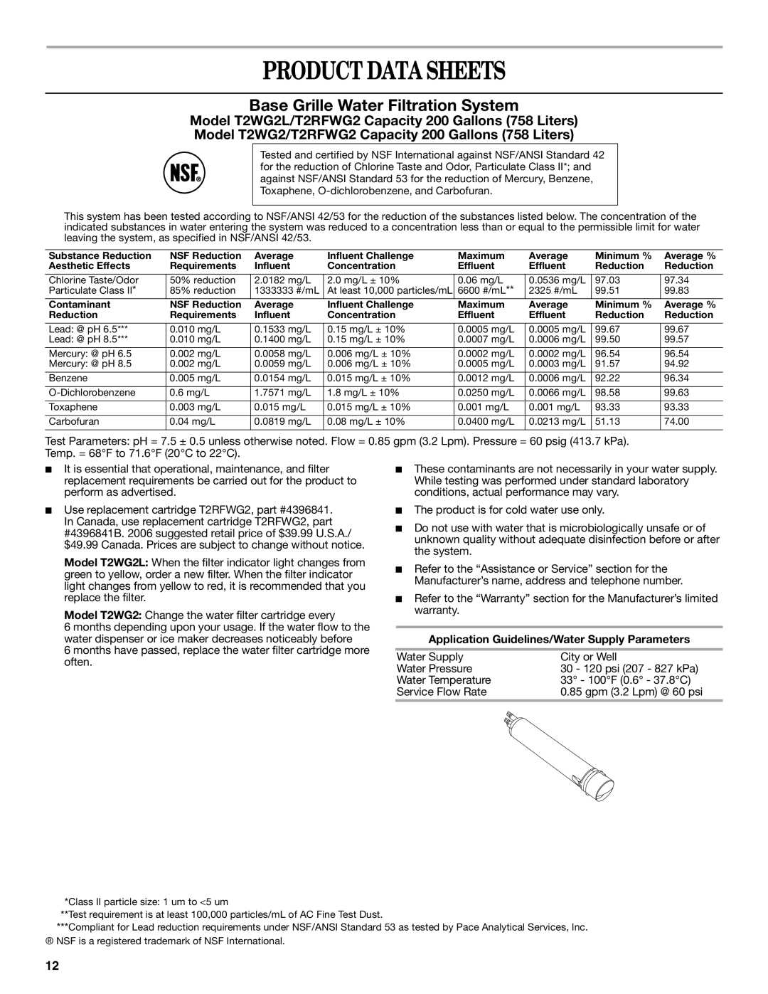 Whirlpool ED2JHGXRB00 warranty Product Data Sheets, Application Guidelines/Water Supply Parameters 