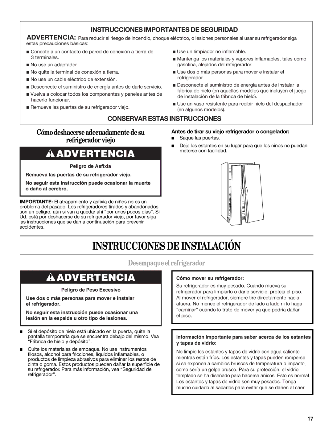 Whirlpool ED2JHGXRB00 warranty Instrucciones DE Instalación, Desempaqueel refrigerador 